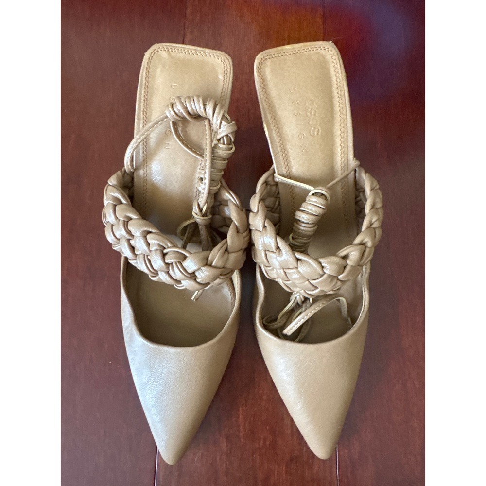 ASOS DESIGN Tan Braided Strap Tie Around Ankle Pointed Toe Heels Size 9